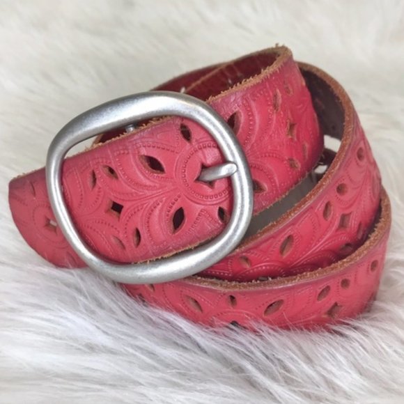 Fossil Accessories - FOSSIL Boho Western Floral Perforated Red Leather Belt S